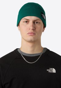Berretto lavorato a maglia verde con texture a coste e patch con logo. Indossato con una felpa nera a girocollo e collana in argento.