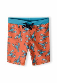 Shorts de bain orange avec un motif de homards bleus répétitif, une taille turquoise et un cordon de serrage noir. Tissu lisse et léger.