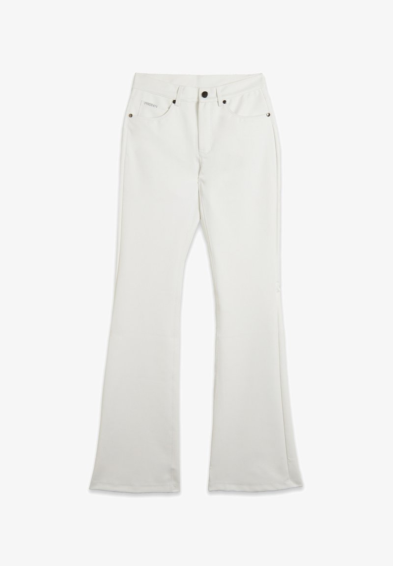 Pantalones acampanados blancos hechos de tela suave con cintura de tiro medio, cinco bolsillos y herrajes en tono cobre para cierre y detalles.