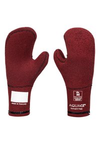 Red oven mitts made of textured fabric with a solid construction. Includes a white label and branding details, solvent-free.