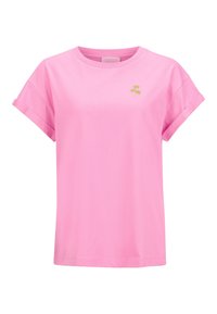 Rosa kortärmad T-shirt med upprullade ärmar och en liten gul palmträdsembroidery nära vänster axel.