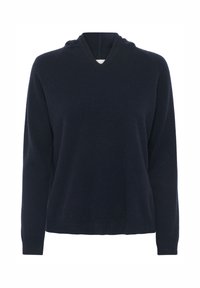 Marineblauer Kapuzenpullover aus weichem Stoff. Verfügt über einen V-Ausschnitt und lange Ärmel mit gerippten Bündchen, die eine entspannte Passform und eine glatte Textur bieten.