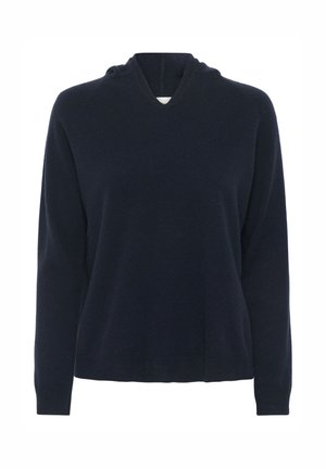 Marineblauer Kapuzenpullover aus weichem Stoff. Verfügt über einen V-Ausschnitt und lange Ärmel mit gerippten Bündchen, die eine entspannte Passform und eine glatte Textur bieten.