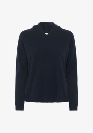 Jūras zila kapuce džemperis no mīksta auduma. Tam ir V veida kakla izgriezums un garas piedurknes ar ribotām aprocēm, nodrošinot ērtu piegulumu un gludu tekstūru.