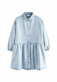 Ljusblå denimklänning med knapplist framtill, puffärmar och lager på lager-skirt. Har dekorativa, små metalliska detaljer på bodice.
