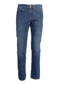 Jeans in denim di tonalità blu media, con design a gamba dritta, cinque tasche, chiusura con bottoni e cuciture a contrasto.