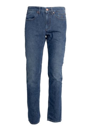 Jeans in denim di tonalità blu media, con design a gamba dritta, cinque tasche, chiusura con bottoni e cuciture a contrasto.