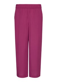 Paarse wijde broek van soepel stof met een elastische tailleband en subtiele plooien, vallend onder de knie. Geen zichtbare zakken of sluitingen.