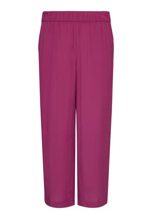 Pantalons larges violets en tissu lisse avec une taille élastique et des plis subtils, tombant sous le genou. Pas de poches ni de fermetures visibles.