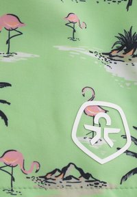 Mönstrad tyg med rosa flamingos på en ljusgrön bakgrund, med svarta konturer. Inkluderar en vit logotyp i nedre högra hörnet.