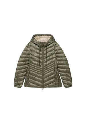 Olivgrüne Steppjacke mit Kapuze, Reißverschluss und elastischen Kordeln. Sie verfügt über gesteppten diagonalen Muster und ein kontrastierendes Innenfutter.