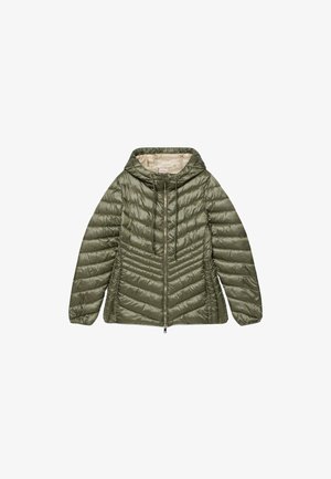 Olive green puffer jacket with a hood, zip closure, and elastic drawstrings. Features stitched diagonal patterns and a contrasting inner lining.