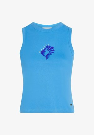 Jasnoniebieski top bez rękawów o dopasowanym kroju. Z nadrukiem purpurowej muszli i napisem "O'Neill". Wykonany z gładkiego, elastycznego materiału.