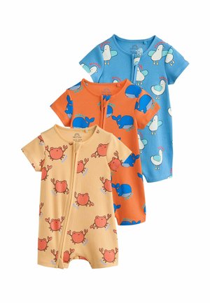 Három rövid ujjú babaoverál cipzáras elejjel, bézs alapon piros rákos, narancssárga alapon kék bálna mintás, és kék alapon fehér sirályos mintával.