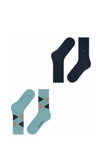 Dwie pary skarpet wyeksponowane: jedna w jednolitym granatowym kolorze, a druga w wzór w diamenty w jasnym niebieskim, ciemnym niebieskim i beżowym kolorze.