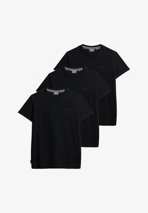 Tre sorte bomulds t-shirts med korte ærmer, rund hals og et lille logo på brystet; ensfarvet sort uden mønstre.