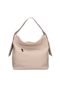Beige leren hobotas met een gestructureerd oppervlak, een schouderriem en een ritsvak aan de voorkant voor veilige opslag.