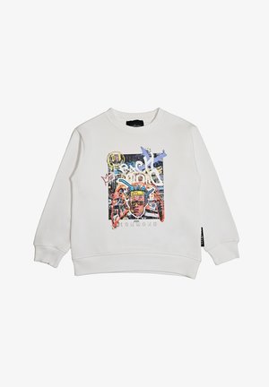 Felpa bianca con un'opera d'arte in stile graffiti colorato sulla parte anteriore raffigurante una persona con occhiali da sole e fascia, con la scritta "Richmond."