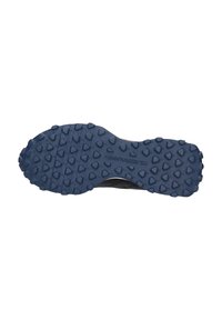 Blauer Gummisohle mit tiefen Profilen und Mustern, ausgestattet mit Rillen und erhabenen Bereichen für Grip. Graues Obermaterial mit Perforationen.