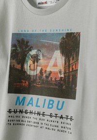 Hall onhallane T-särk, millel on foto graafika päikeseloojangust palmipuudega, "MALIBU" rasvases sinises tekstis ja musta tüübi detailid all.