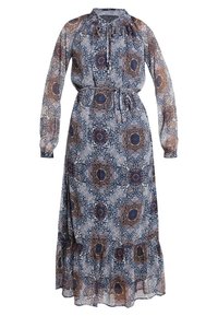 Dlouhé, průsvitné květinové šaty s tkaničkou u krku, s modro-beige paisley vzorem, elastickým pasem a detailním volánkovým lemem.