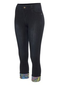 Dark denim jeans with a slim fit, featuring a blue and patterned cuff. Accompanied by classic pockets and a front button closure.