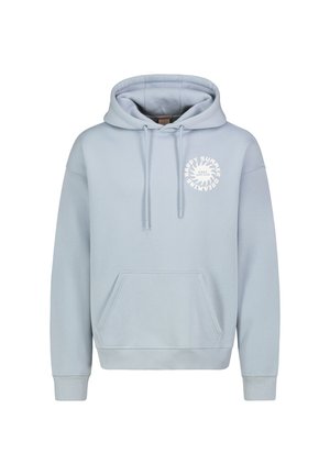 Light blue hooded sweatshirt with front pocket and white circular text reading "Happy Summer Dreaming" on the left chest.