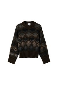 Storos megztinis su bangelėmis tamsiai rudų, pilkų ir juodų atspalvių, su išpūstomis rankovėmis, apykakle ir apatinėmis briaunomis.