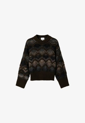 Paksu neulepaita, jossa on klassinen aaltoilu kuvio tummissa ruskeissa, harmaissa ja mustissa sävyissä. Paidoissa on ribattu pääntie, hihansuut ja helma.