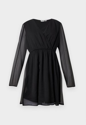 Black long-sleeve dress with sheer sleeves, V-neck wrap bodice, and gathered waist, featuring a flowy above-knee skirt.