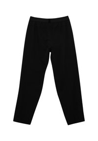 Fekete, könnyű atlétikai nadrág elasztikus derékkal, egyenes szárakkal, sima textúrával, látható minták vagy díszítések nélkül.