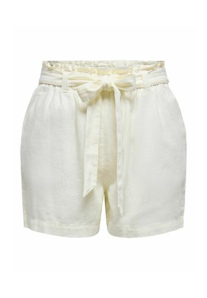Białe lniane szorty z paskiem w talii, elastycznym pasem i luźnym krojem. Posiadają boczne kieszenie i gładką fakturę.