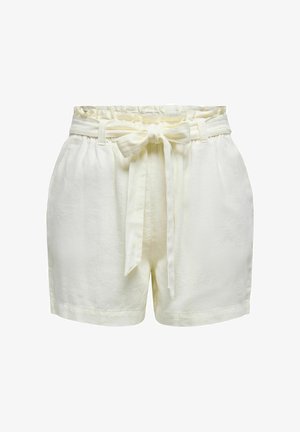 Białe lniane szorty z paskiem w talii, elastycznym pasem i luźnym krojem. Posiadają boczne kieszenie i gładką fakturę.