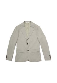 Blazer grigio chiaro in tessuto strutturato, con due tasche frontali, rever con intaglio e bottoni marroni sui polsini. Interno foderato.
