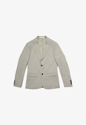 Blazer grigio chiaro in tessuto strutturato, con due tasche frontali, rever con intaglio e bottoni marroni sui polsini. Interno foderato.