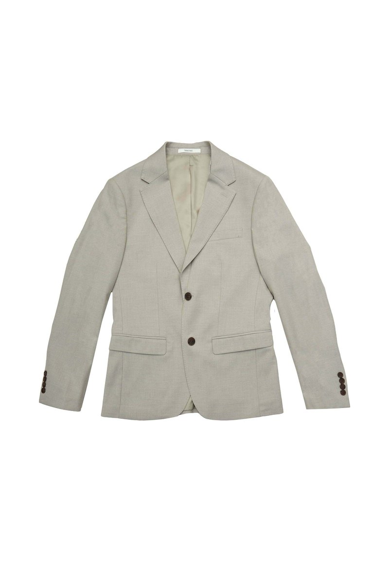 Blazer grigio chiaro in tessuto strutturato, con due tasche frontali, rever con intaglio e bottoni marroni sui polsini. Interno foderato.