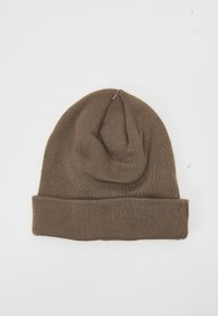 Brown knitted beanie hat with a folded cuff, smooth texture, and rounded top. Designed for warmth and comfort in cooler weather.