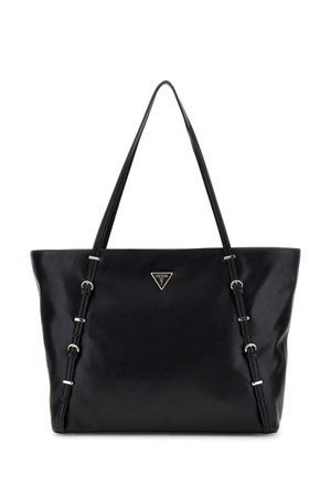 Borsa tote nera in pelle con superficie texturizzata, caratterizzata da hardware dorato e una placca con logo. Due lunghe cinghie per il trasporto.