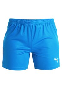 Blå sportshorts i smidigt tyg, med resårmidja och en liten vit logotyp framtill nederst. Inga fickor.