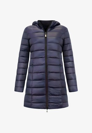 Gewatteerde jas in donkerblauw met een capuchon, voorzien van een horizontaal doorgestikt ontwerp, ritssluiting aan de voorkant en twee zijzakken. Gladde, glanzende textuur.