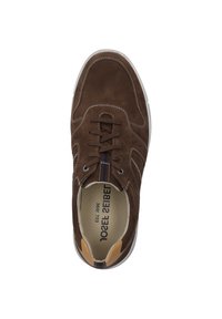Brown suede sneaker featuring a round toe, lace-up design, contrast stitching, and a tan accent on the heel. Textured insole visible.
