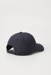 Navy blue baseball cap made of lightweight fabric, featuring a curved visor, five-panel design, and adjustable strap at the back.