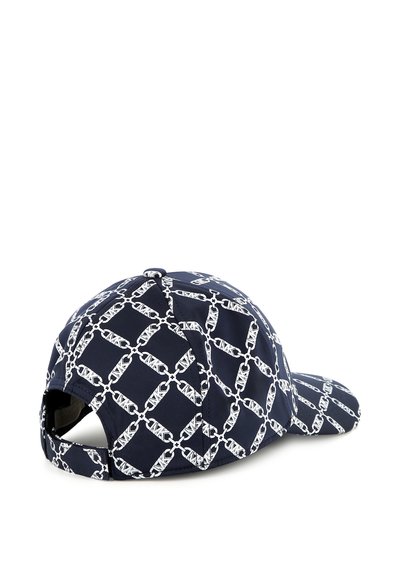 Cappello da baseball navy con un motivo a catena bianca. Realizzato in tessuto liscio, con una visiera curva e una chiusura regolabile sul retro.