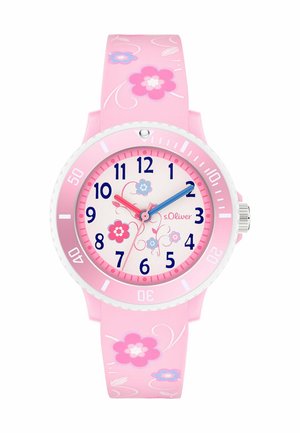 Lyserød børneur med blomsterdesign, blå og røde visere, nummereret urskive og roterende krans, mærket s.Oliver på urskiven.