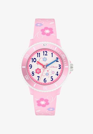 Montre-bracelet rose pour enfants avec motifs floraux, aiguilles bleue et rouge, cadran numéroté, lunette tournante, nom de marque s.Oliver sur le cadran.