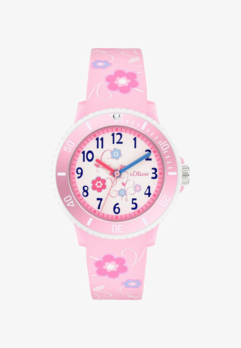Montre-bracelet rose pour enfants avec motifs floraux, aiguilles bleue et rouge, cadran numéroté, lunette tournante, nom de marque s.Oliver sur le cadran.