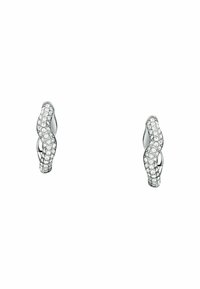 Orecchini d'argento con un design ondulato. Superficie decorata con piccoli cristalli trasparenti. Finitura lucida con una texture liscia.