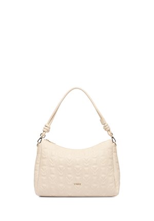 Lille beige skuldertaske med præget M-mønster og knyttede remdetaljer, gylden lynlås og metallogo midt foran.