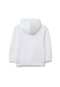 Sudadera blanca con capucha, de textura suave, con puños y dobladillo acanalados, y una capucha redondeada. La vista trasera muestra una tela suave sin patrones.