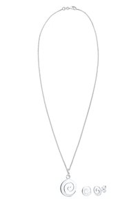 Sølvring med en spiralvedhæng og matchende spiralstuds. Kæden er fin og glat; vedhænget og øreringene har en poleret overflade.